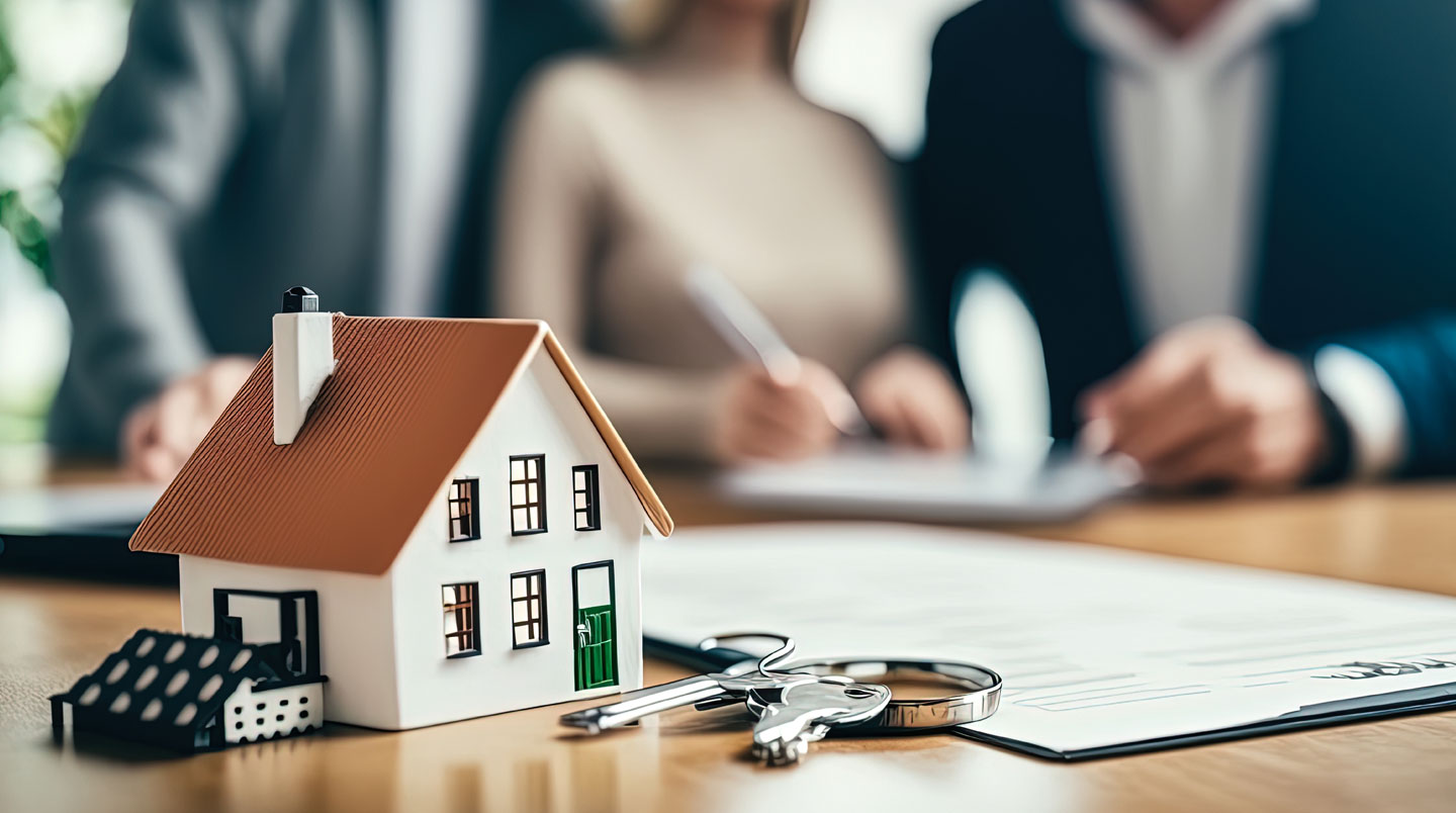 Signature de documents de crédit immobilier dans agence bancaire française avec conseiller en arrière-plan