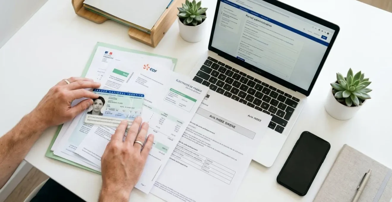 Auto-entrepreneur organisant ses justificatifs simplifiés pour ouverture de compte professionnel : CNI, facture récente, avis INSEE, sur son bureau de travail