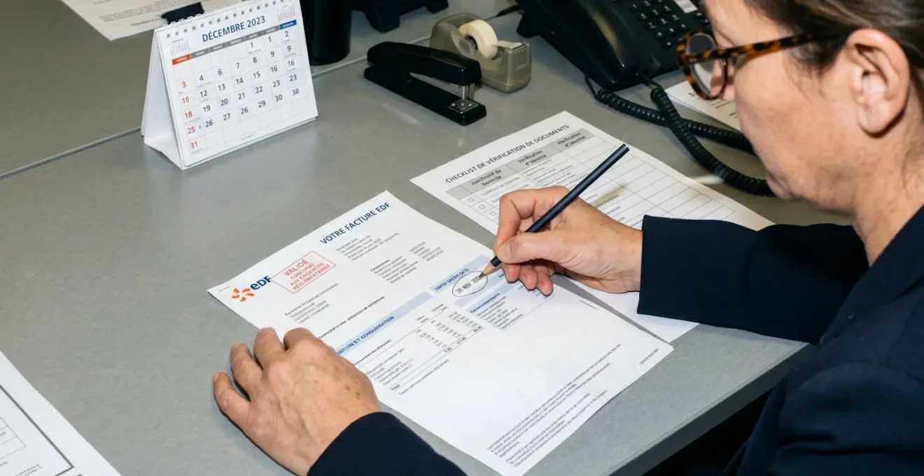 Conseillère bancaire vérifiant minutieusement la date et l'adresse sur une facture EDF pour validation du justificatif de domicile