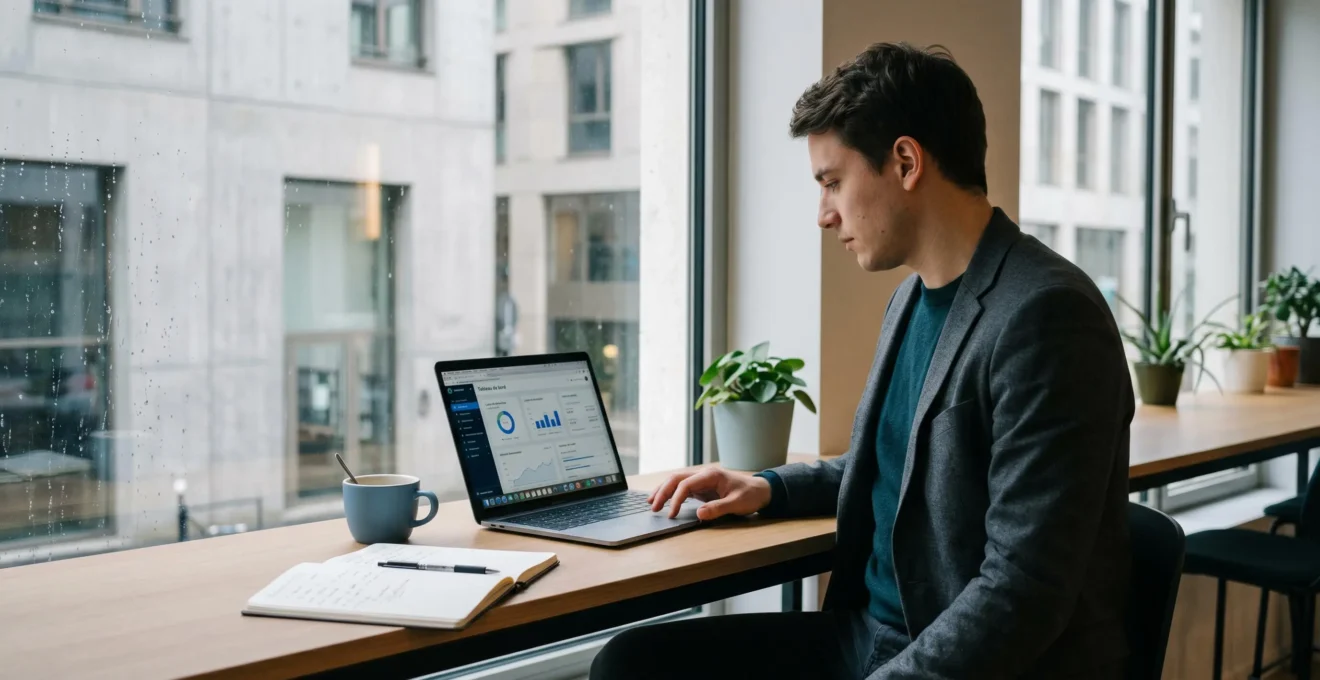 Consultant indépendant travaillant sur ordinateur portable dans espace de coworking moderne avec lumière naturelle