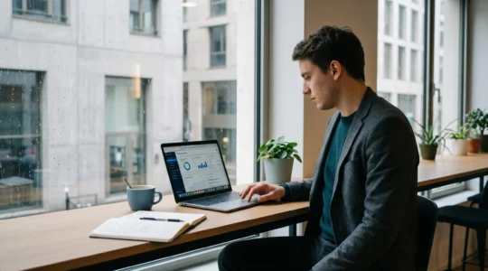 Consultant indépendant travaillant sur ordinateur portable dans espace de coworking moderne avec lumière naturelle