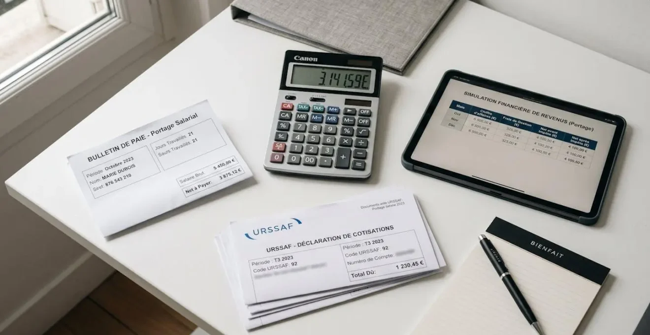 Documents financiers et calculatrice sur bureau pour analyse revenus portage salarial et auto-entrepreneur