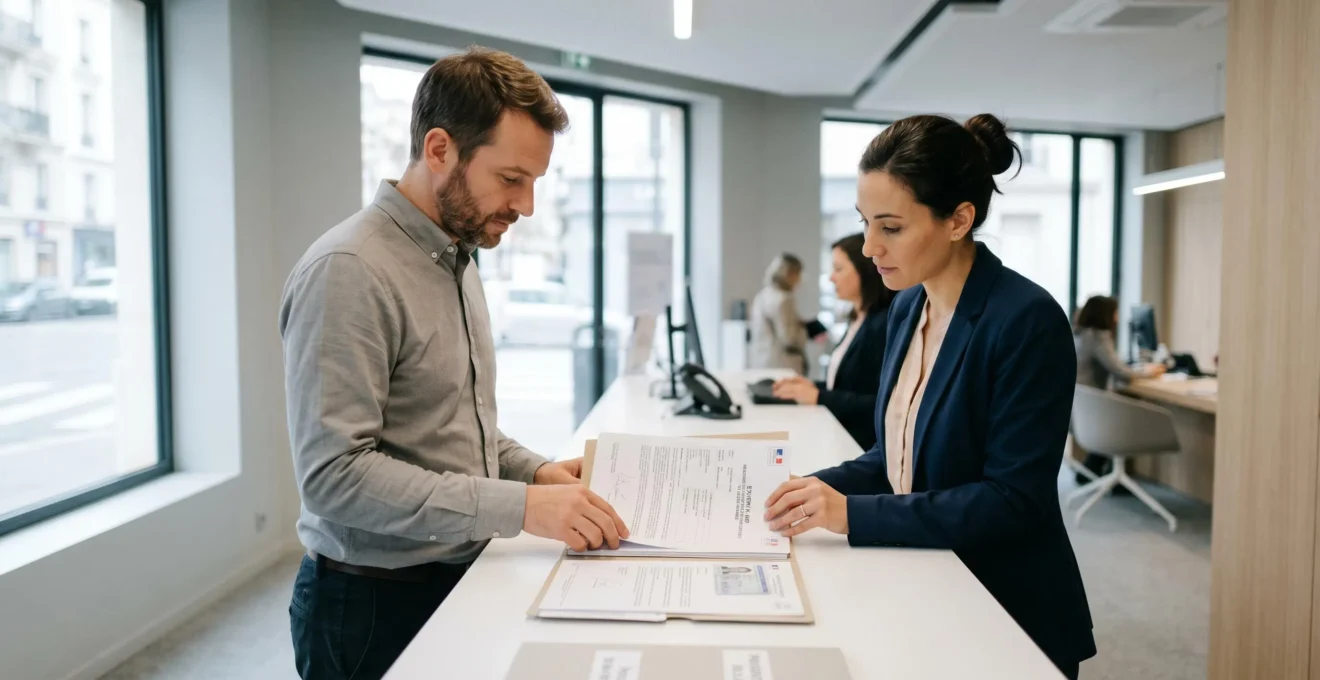 Entrepreneur déposant un dossier de justificatifs pour ouverture de compte professionnel sur le comptoir d'une agence Banque Populaire, conseillère bancaire examinant les documents officiels