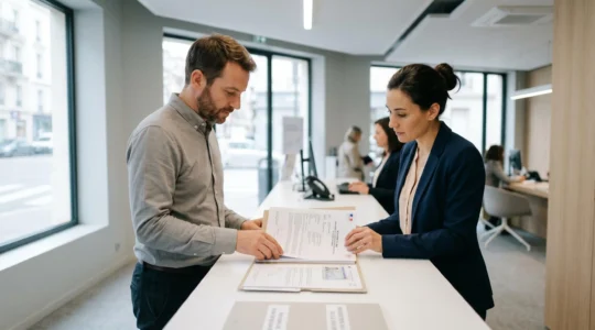 Entrepreneur déposant un dossier de justificatifs pour ouverture de compte professionnel sur le comptoir d'une agence Banque Populaire, conseillère bancaire examinant les documents officiels