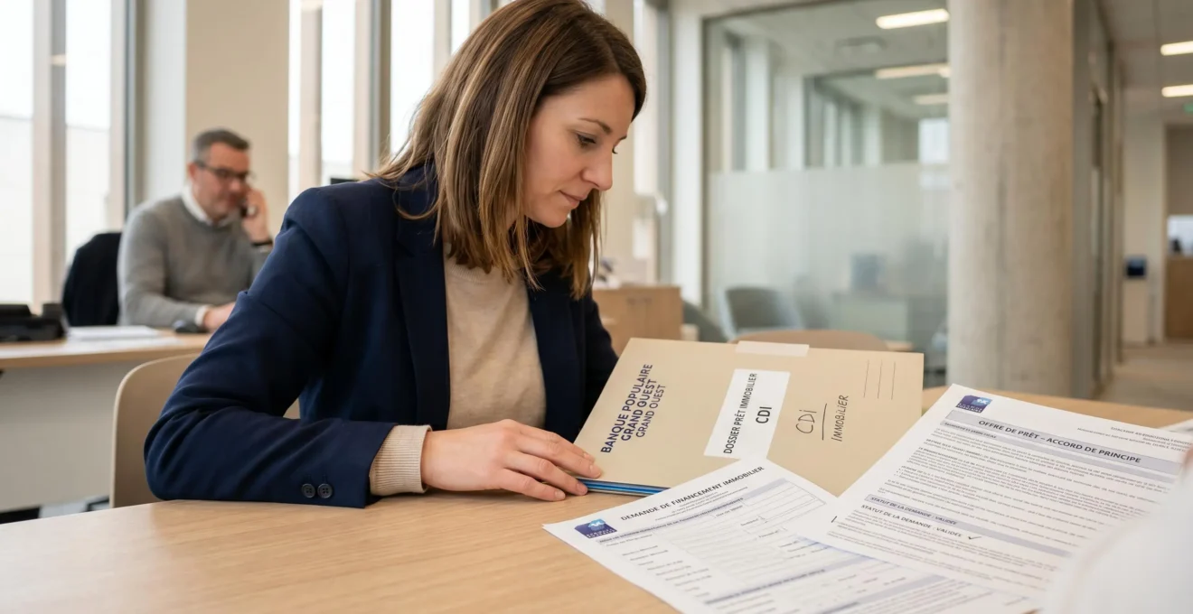 Signature de documents de crédit immobilier dans agence bancaire française avec conseiller en arrière-plan