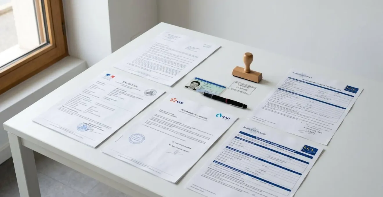 Documents administratifs nécessaires pour l'ouverture d'un compte bancaire professionnel disposés sur un bureau