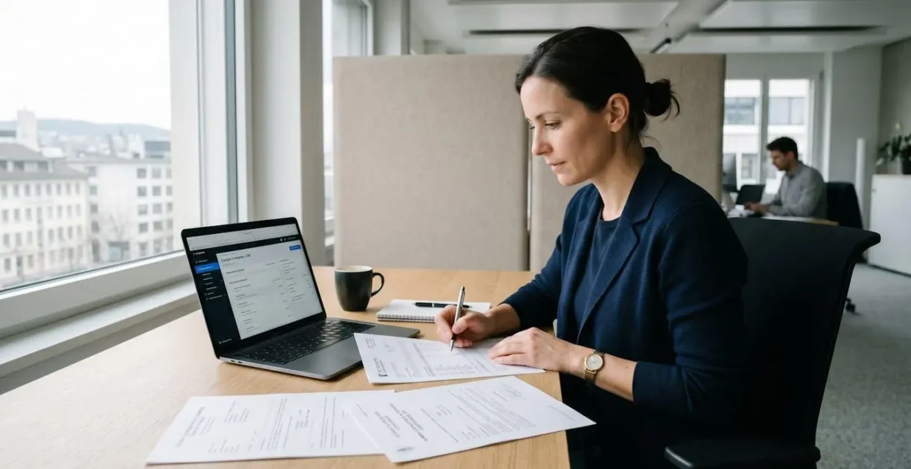 Entrepreneur consultant des documents bancaires sur son bureau avec ordinateur ouvert sur interface de banque en ligne