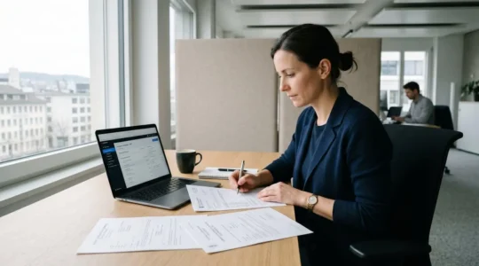 Entrepreneur consultant des documents bancaires sur son bureau avec ordinateur ouvert sur interface de banque en ligne