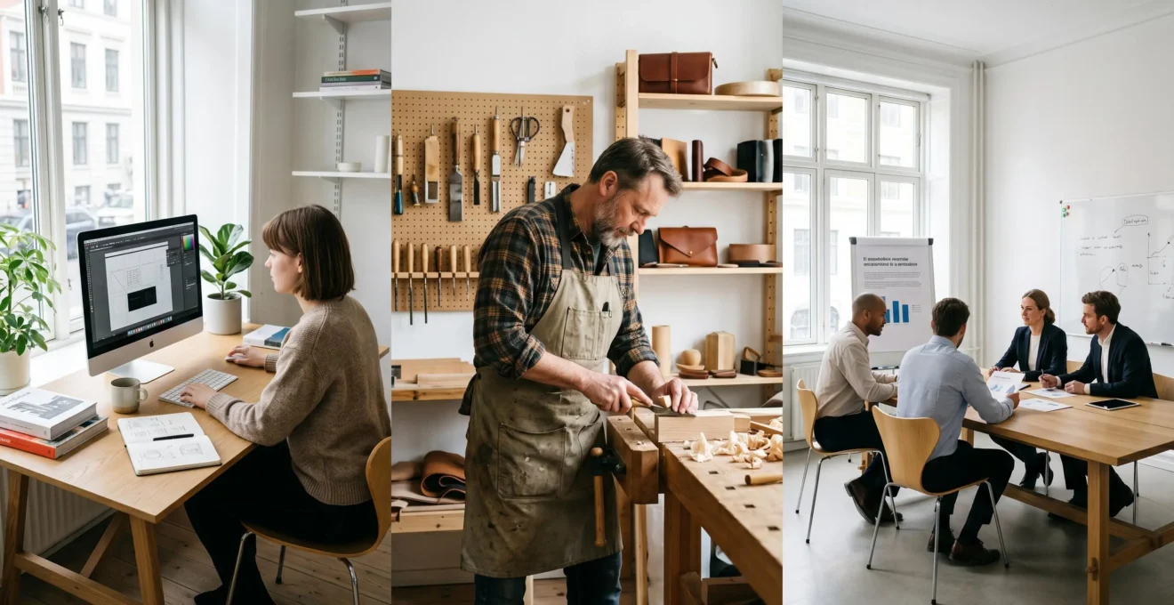 Trois environnements de travail représentant différents profils professionnels : freelance, artisan et dirigeant d'entreprise